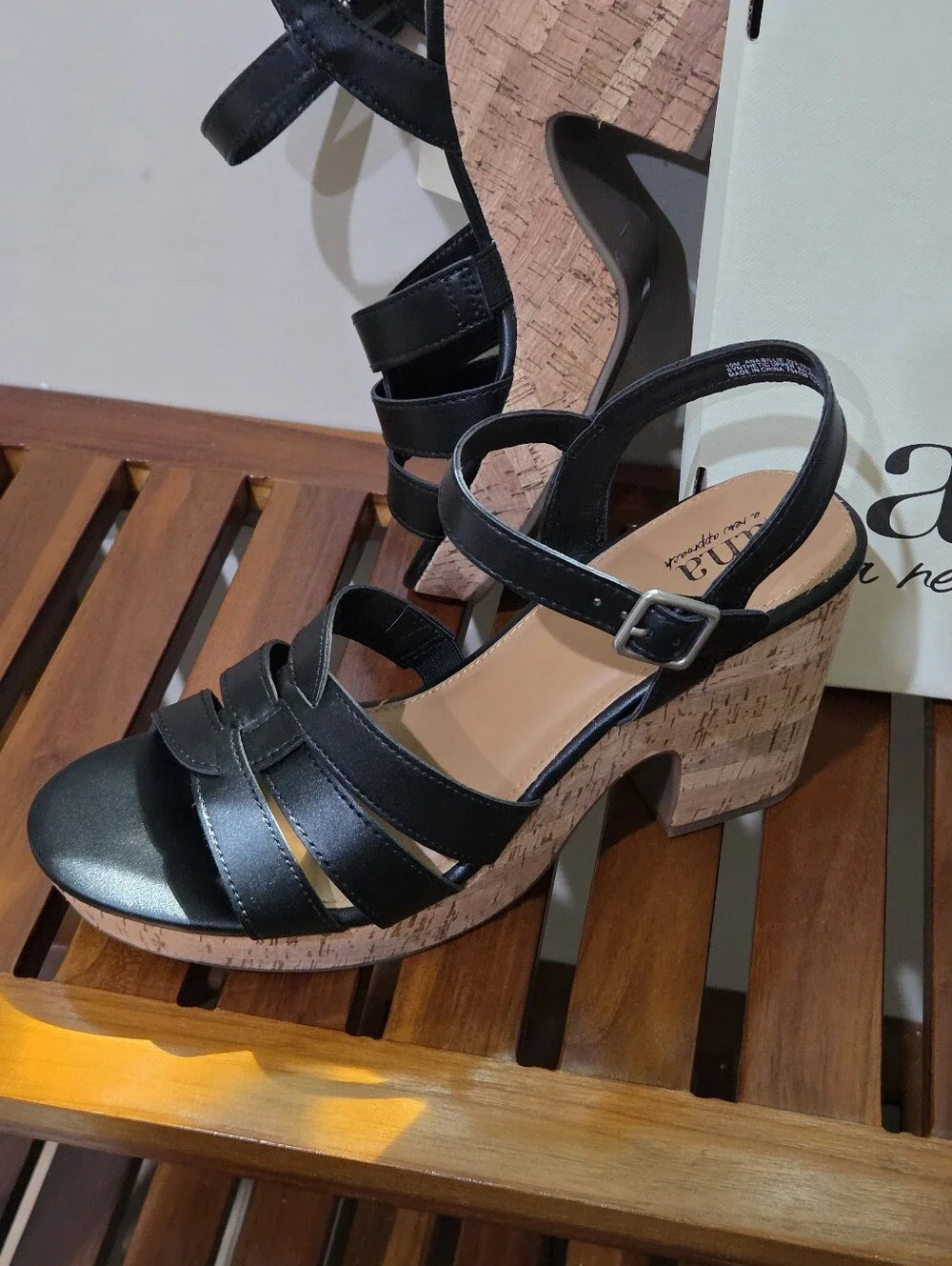 a.n.a Billie Black Strappy Cork Wedge Sandals Size 10 NEW